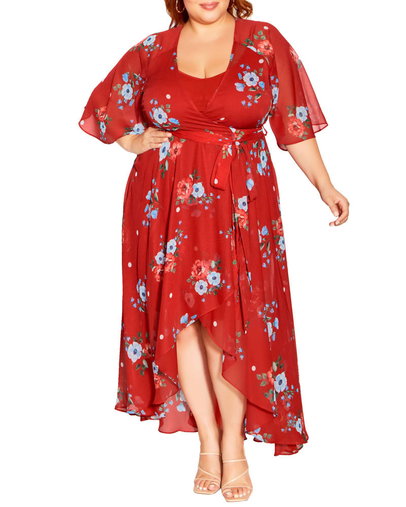 Front of a model wearing a size XS Maeve Bold Floral Maxi Dress in Red / Cornflower Blue by City Chic. | dia_product_style_image_id:234047